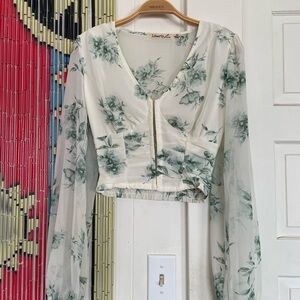 Liberty Love White and Green Ruched Crop Blouse